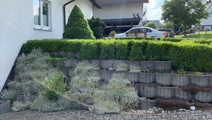 En bostadsbyggnad med ett sluttande tak, ett litet fönster och en välklippt häck.