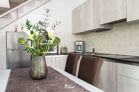 Fridge, microwave, oven, stovetop. With outdoor terrace for family and friends