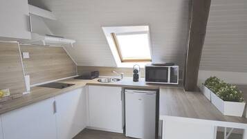 Fridge, microwave, stovetop, coffee/tea maker