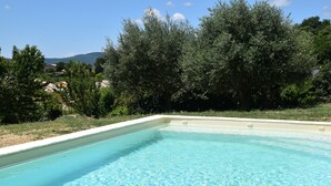 Ein rechteckiger Swimmingpool mit klarem, blauem Wasser, umgeben von üppiger Vegetation und Bäumen.
