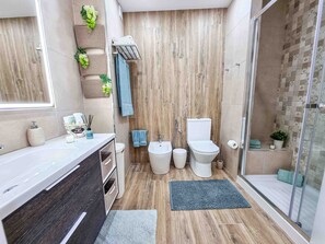 Shower, hair dryer, bidet, towels