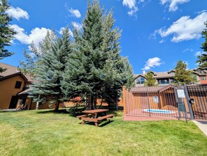 A residential area with a large coniferous tree, picnic tables, and a gated pool area. - Mountain Retreat | Ground Floor & Walk to Village (Keystone)