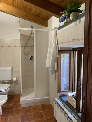 Shower, hair dryer, bathrobes, bidet