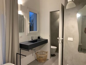 Shower, hair dryer, bidet, towels