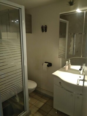 Douche, sĂšche-cheveux, savon, papier toilette