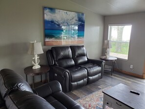 Smart TV, fireplace, DVD player, books