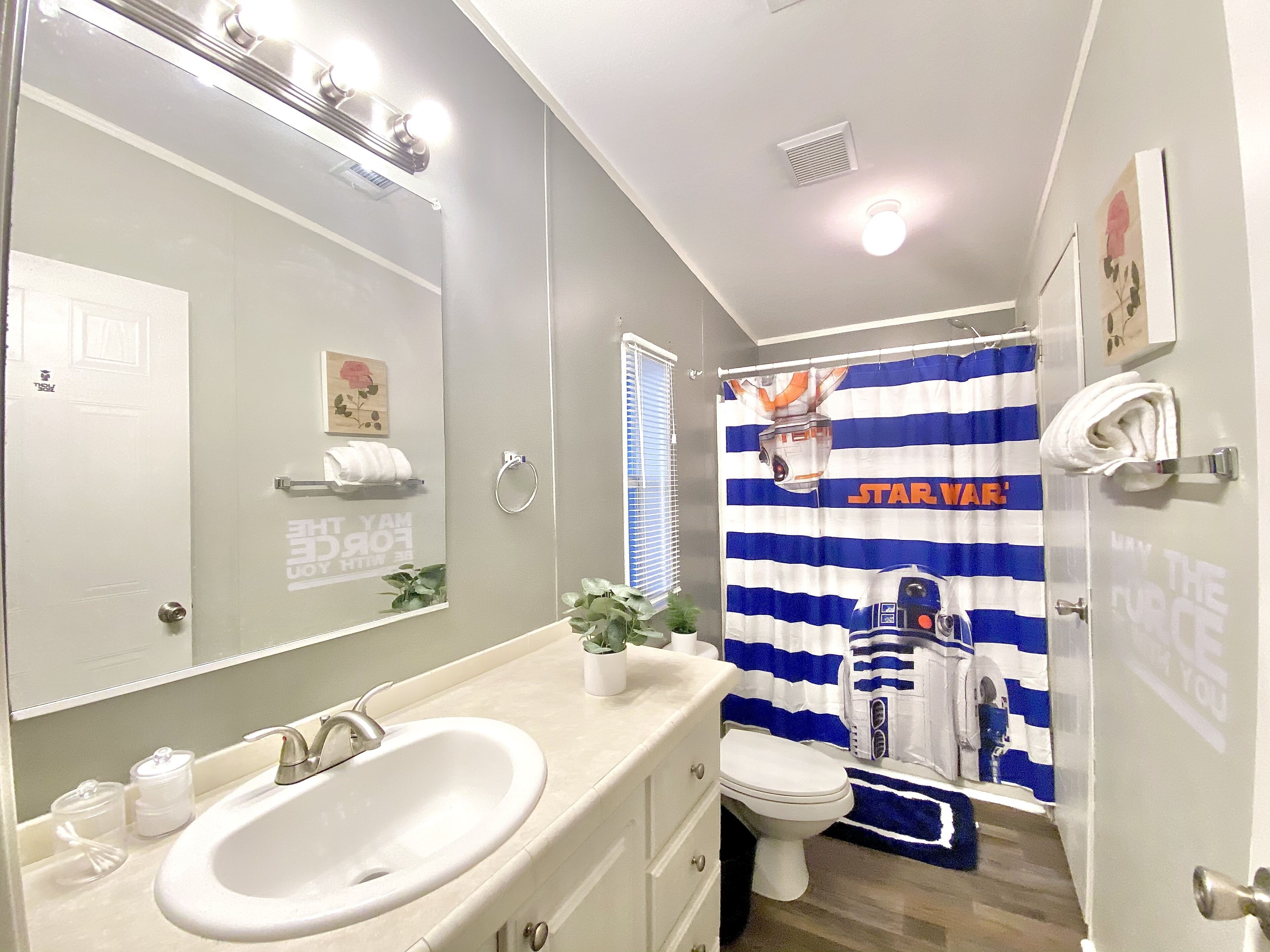 Combined shower/bathtub, towels, soap, shampoo