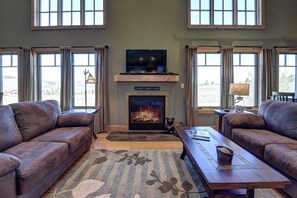 TV connectée, cheminée, lecteur de DVD, livres