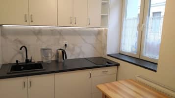 Fridge, microwave, oven, electric kettle