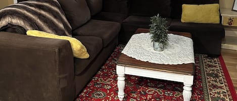 TV, fireplace, books