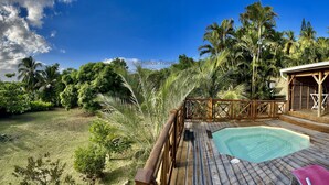 A wooden deck with a swimming pool, surrounded by lush greenery and palm trees.