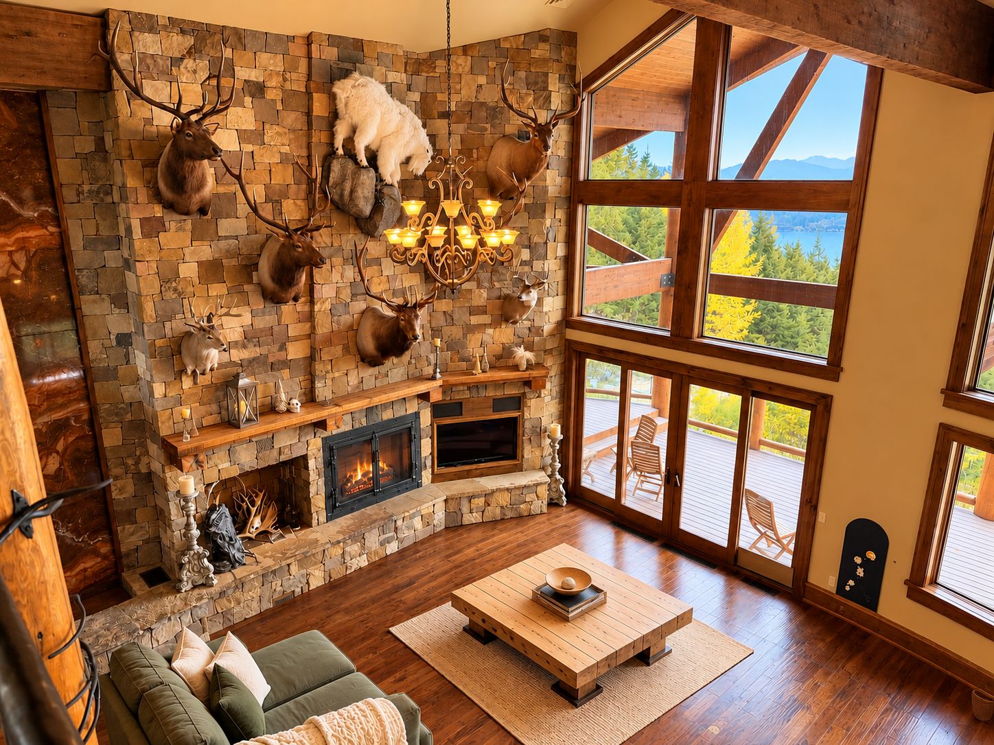A cozy living room with a stone fireplace, mounted animal heads, and large windows offering a view of the outdoors.