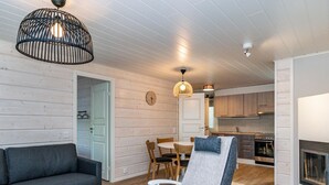 Een moderne woonkamer met een bank, een eettafel met stoelen, een keuken met kastjes en apparatuur, en een open haard.
