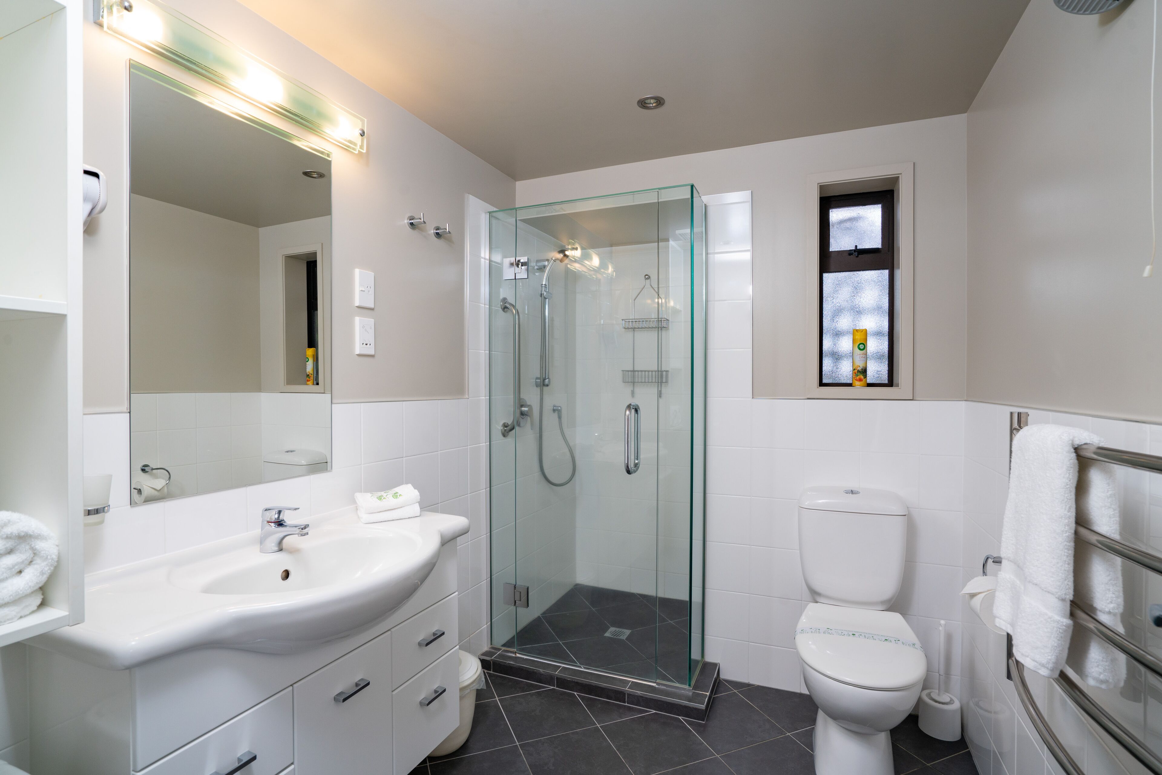 A modern bathroom with a glass-enclosed shower, a white sink, and a toilet.