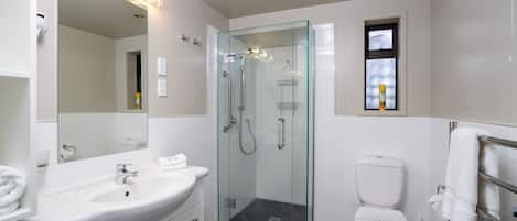 Een moderne badkamer met een douchecabine van glas, een witte wastafel en een toilet.
