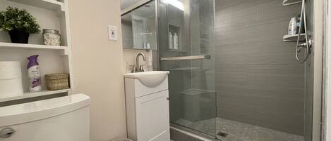 Shower, hair dryer, towels, soap