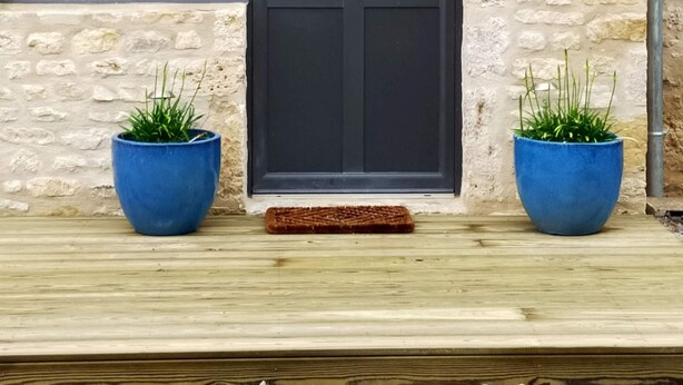 Una puerta negra con un panel de vidrio, flanqueada por dos macetas azules con plantas verdes, sobre un muro de piedra.