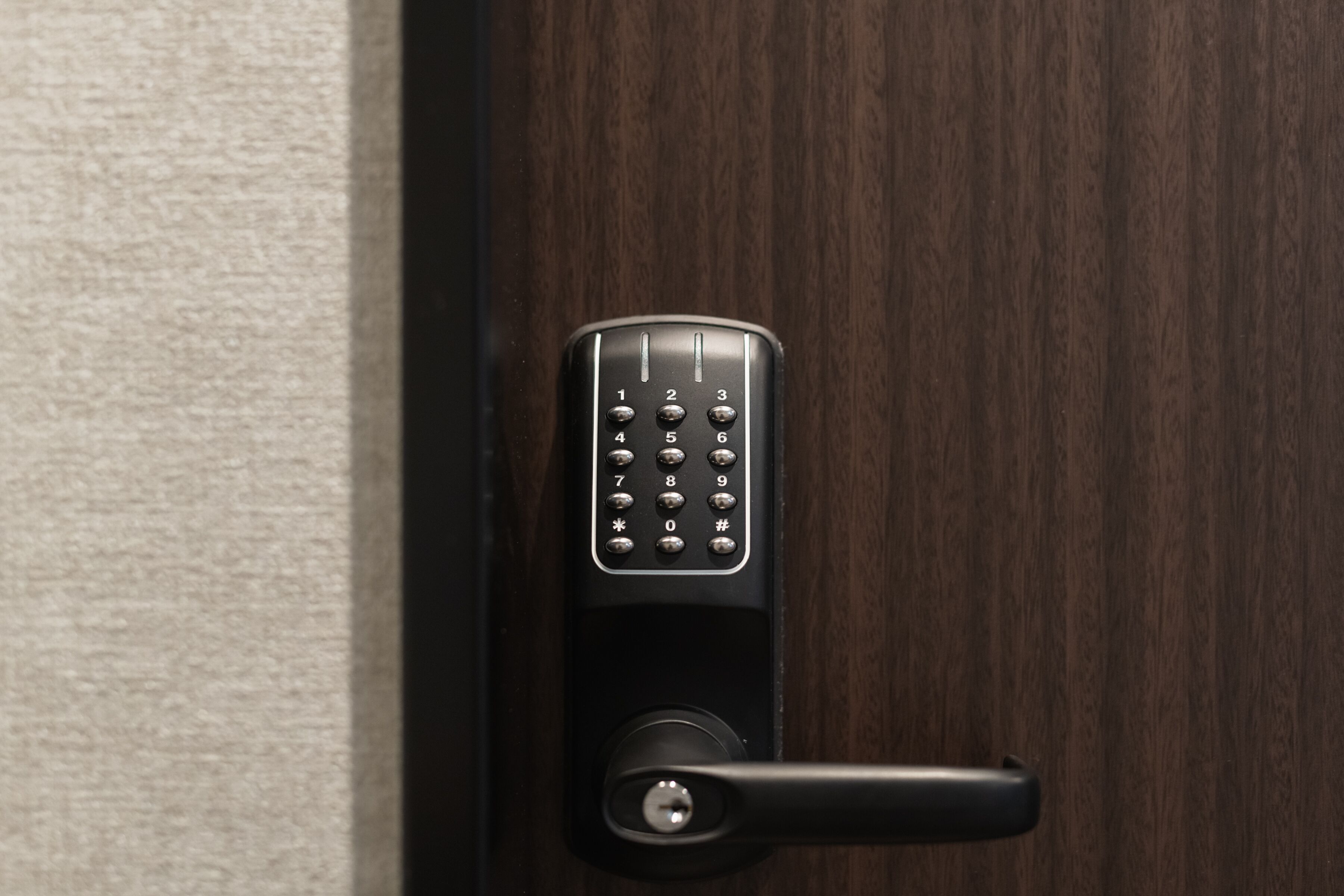 A door with a numeric keypad lock.