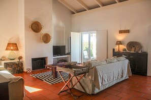 Una sala de estar acogedora con chimenea, televisor y un sofá cómodo.