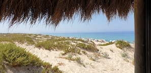 Una playa con dunas de arena, sombrillas y una vista despejada del océano.