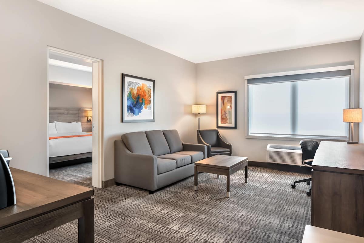 Hotelkamer met een bed, een grijze bank, een kleine tafel, een bureau, een stoel en een groot raam.