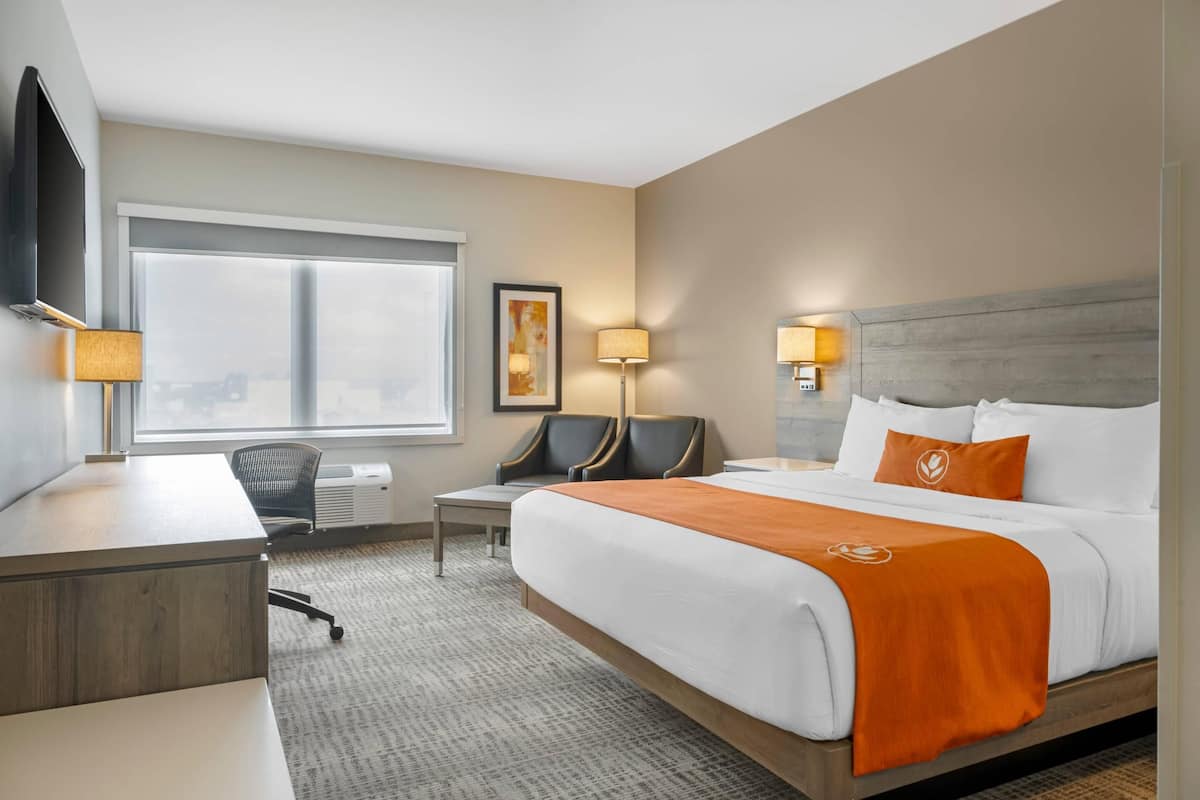 Een hotelkamer met een groot bed, een bureau, een stoel, een televisie en een raam met uitzicht.