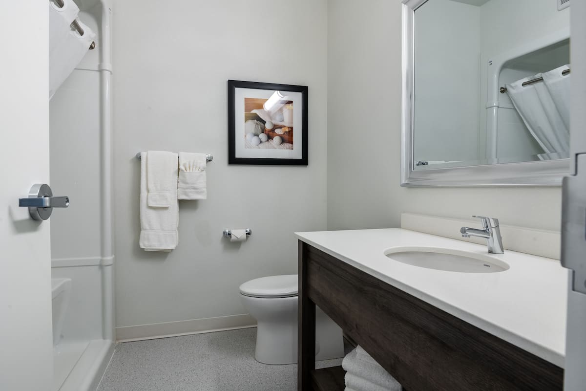 rainfall showerhead, hair dryer, towels, soap