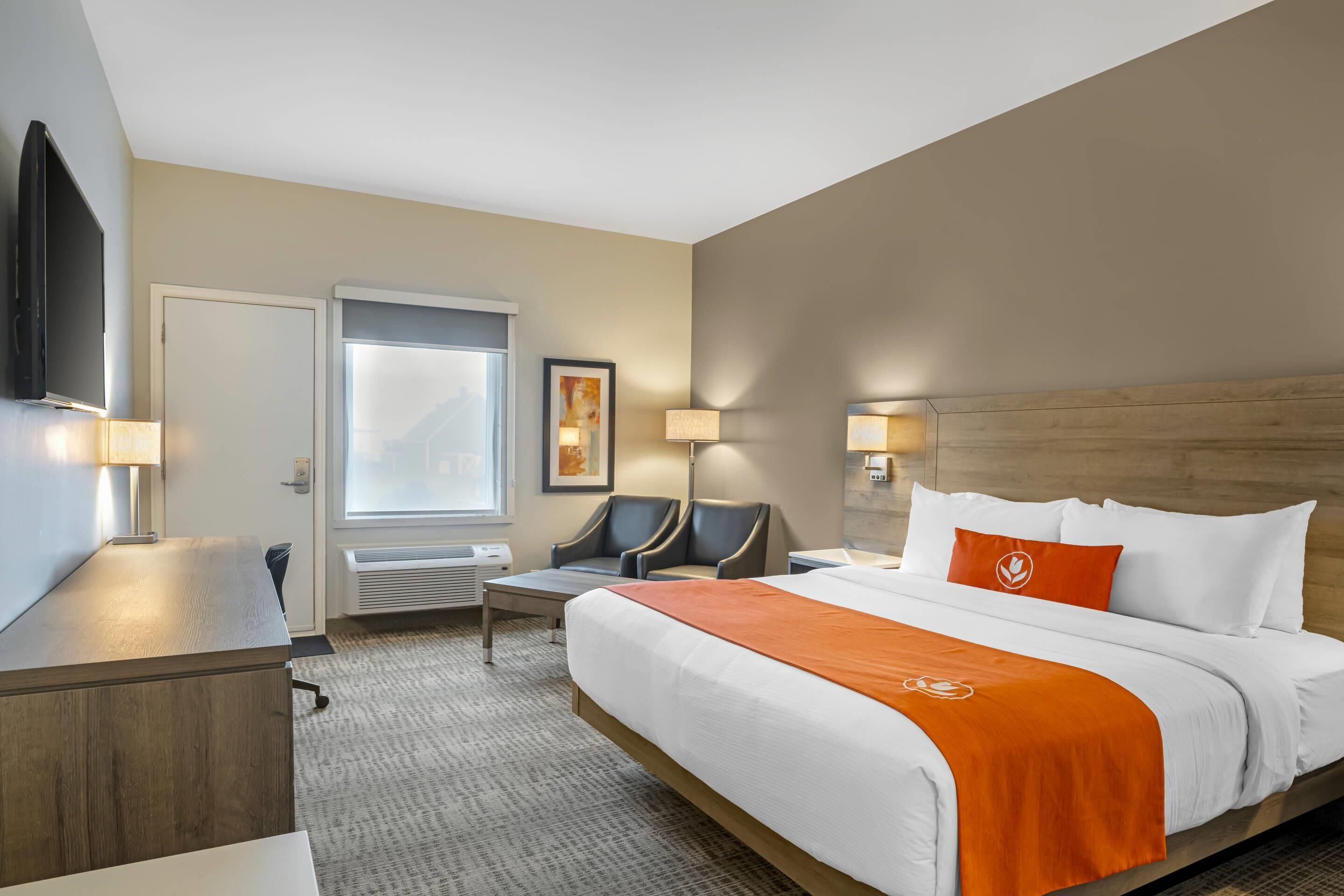 A hotel room with a large bed, a desk, a chair, a TV, and a window with a view.