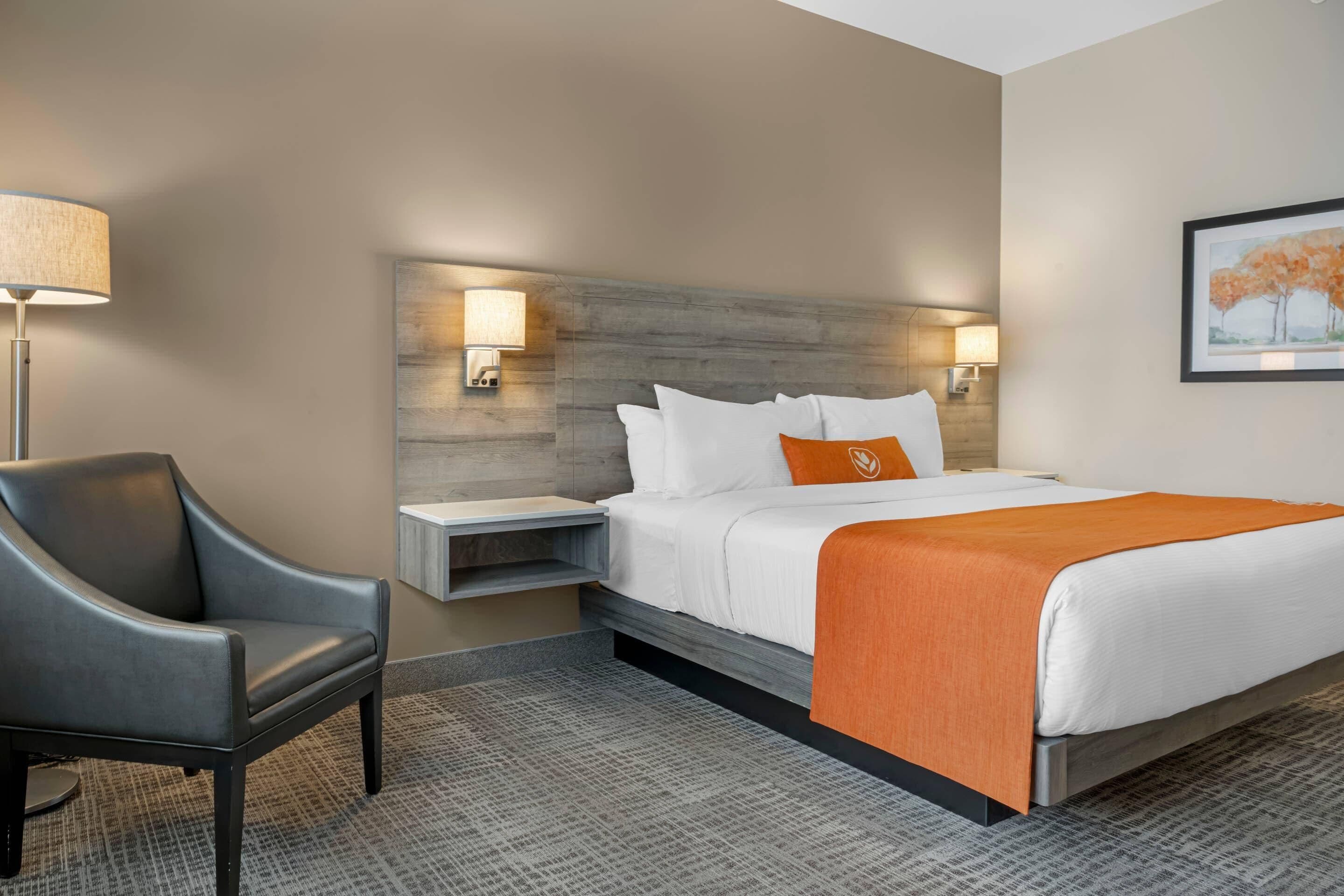 A hotel room with a bed, a chair, a nightstand, and a lamp.