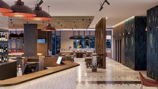 A modern bar area with a long counter, multiple pendant lights, and a city view through large windows. - Holiday Inn Express Melbourne Little Collins by IHG (Melbourne)