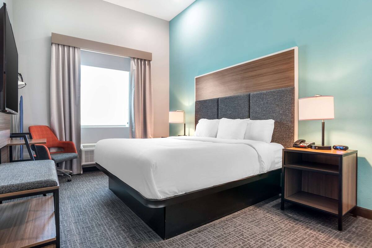 A hotel room with a large bed, a desk, a chair, a TV, and a nightstand with a lamp.
