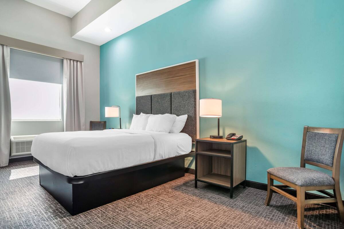 A hotel room with a large bed, a nightstand with a lamp, a chair, and a view of the outdoors through a window.