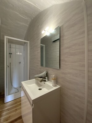 Shower, towels, soap, toilet paper