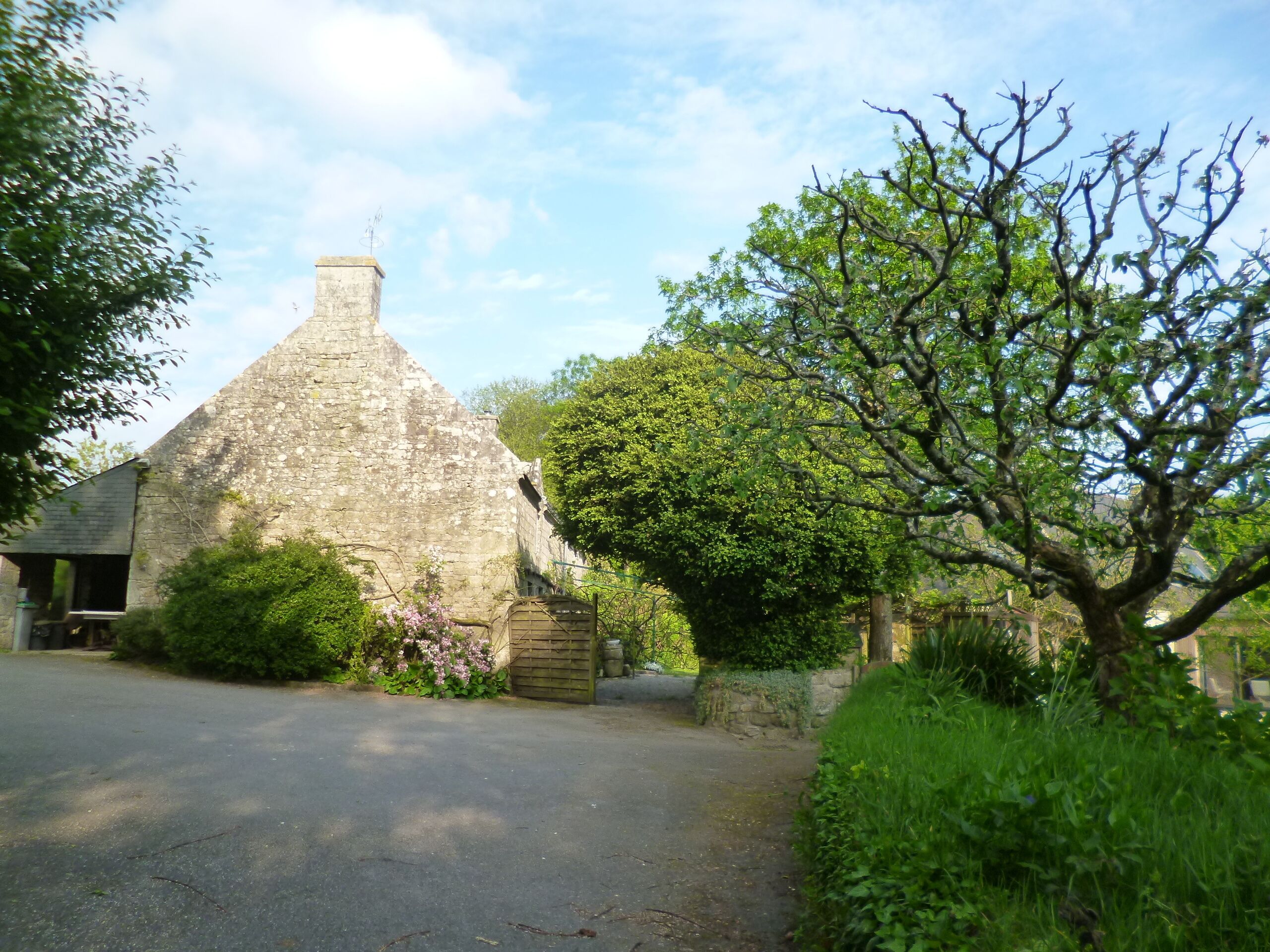 Une charmante maison en pierre avec un toit de chaume, entourée d’une végétation luxuriante et sous un ciel dégagé.