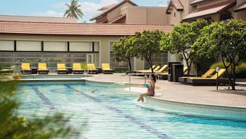 Outdoor pool, open 6:30 AM to 8:00 PM, pool umbrellas, pool loungers