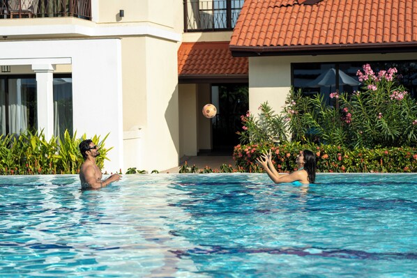 Outdoor pool, open 6:30 AM to 8:00 PM, pool umbrellas, sun loungers