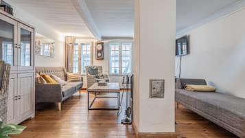 Fernseher, Kamin, DVD-Player, BĂŒcher