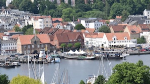 A harbor with boats, a ferry, and buildings with red-tiled roofs.