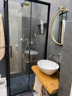 Shower, hair dryer, bidet, towels