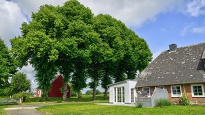 A rural setting with a large tree, a red barn, and a white house with a sloped roof. - fewo1846 - Red House - Holiday home with a covered terrace and 2 bedrooms (Husby)