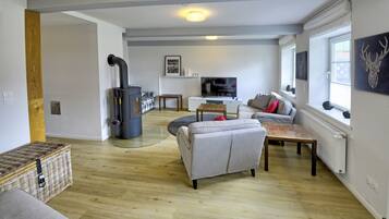 Fernseher, Kamin, Bücher