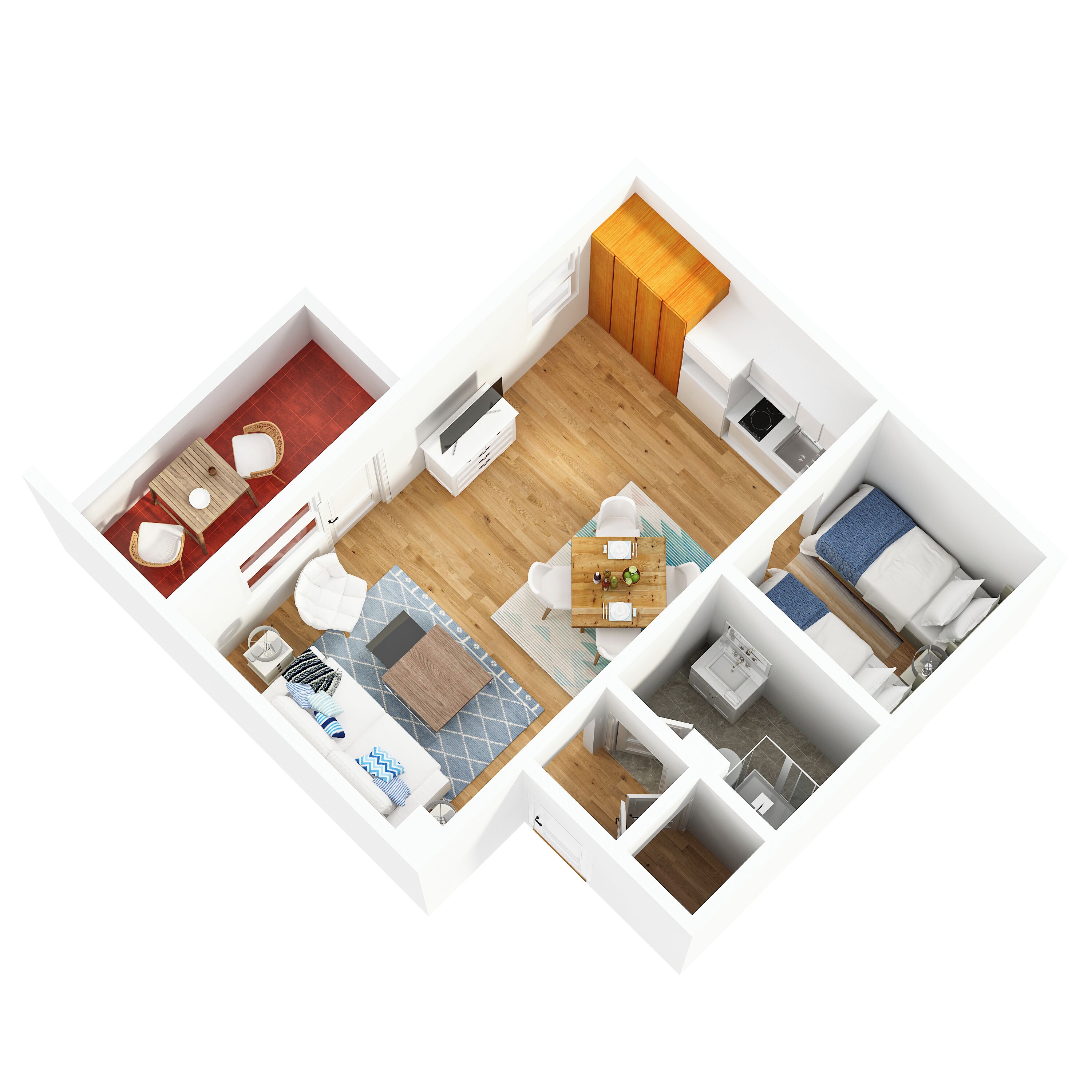 Ein 3D-Grundriss einer modernen Wohnung mit Wohnzimmer, Essbereich, Küche und Schlafzimmer.
