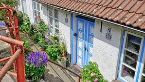 A white building with a blue door and a red roof. There are potted plants and flowers around the entrance. - fewo1846 - Flensburger Möwe / maisonette apartment with balcony and harbor view (Flensburg)