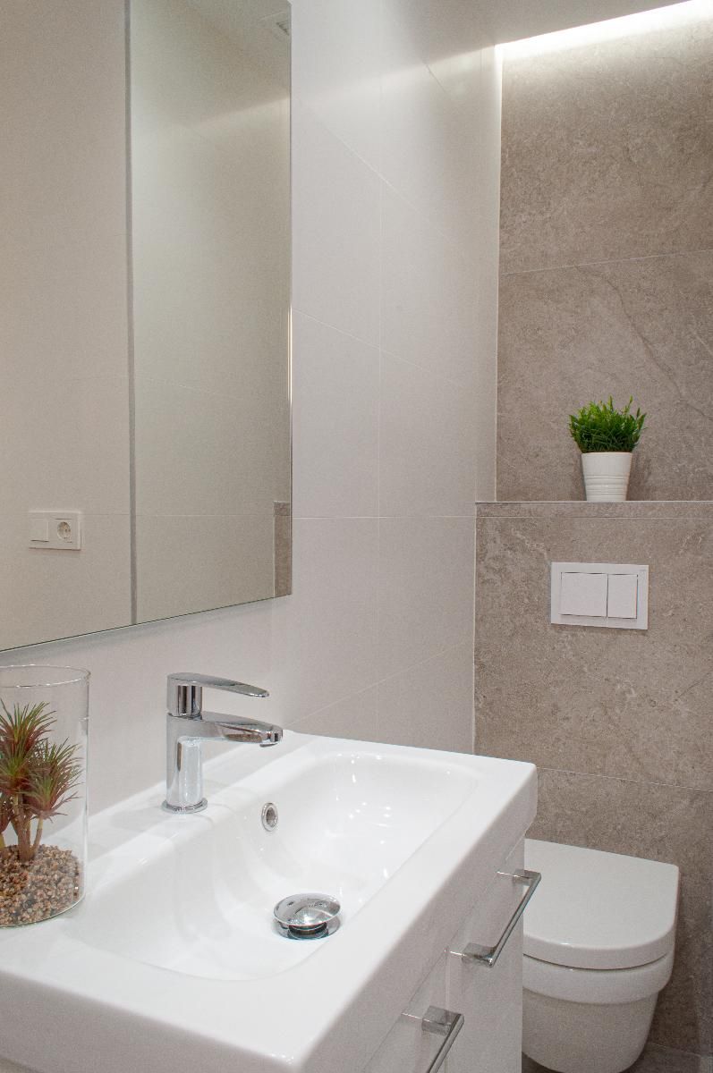 Un baño con un lavamanos blanco, un espejo, un inodoro y una planta en maceta en la pared.
