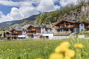 En rad charmiga trähus med balkonger, placerade med en imponerande bergskedja som bakgrund och omgivna av en frodig grön äng.