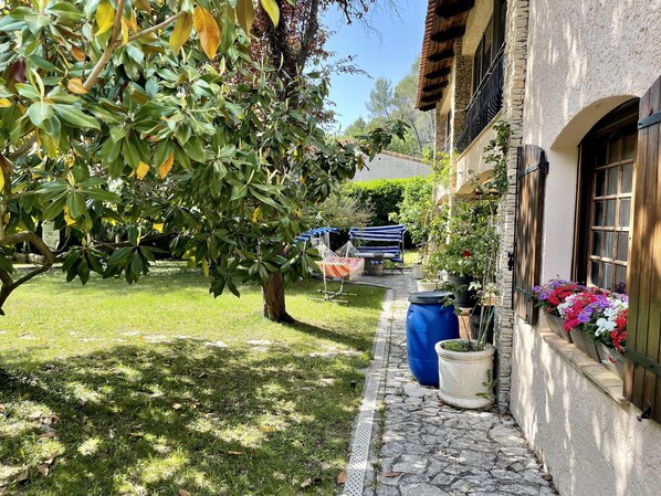 A courtyard with a stone pathway, a hammock, a table, and potted plants.
