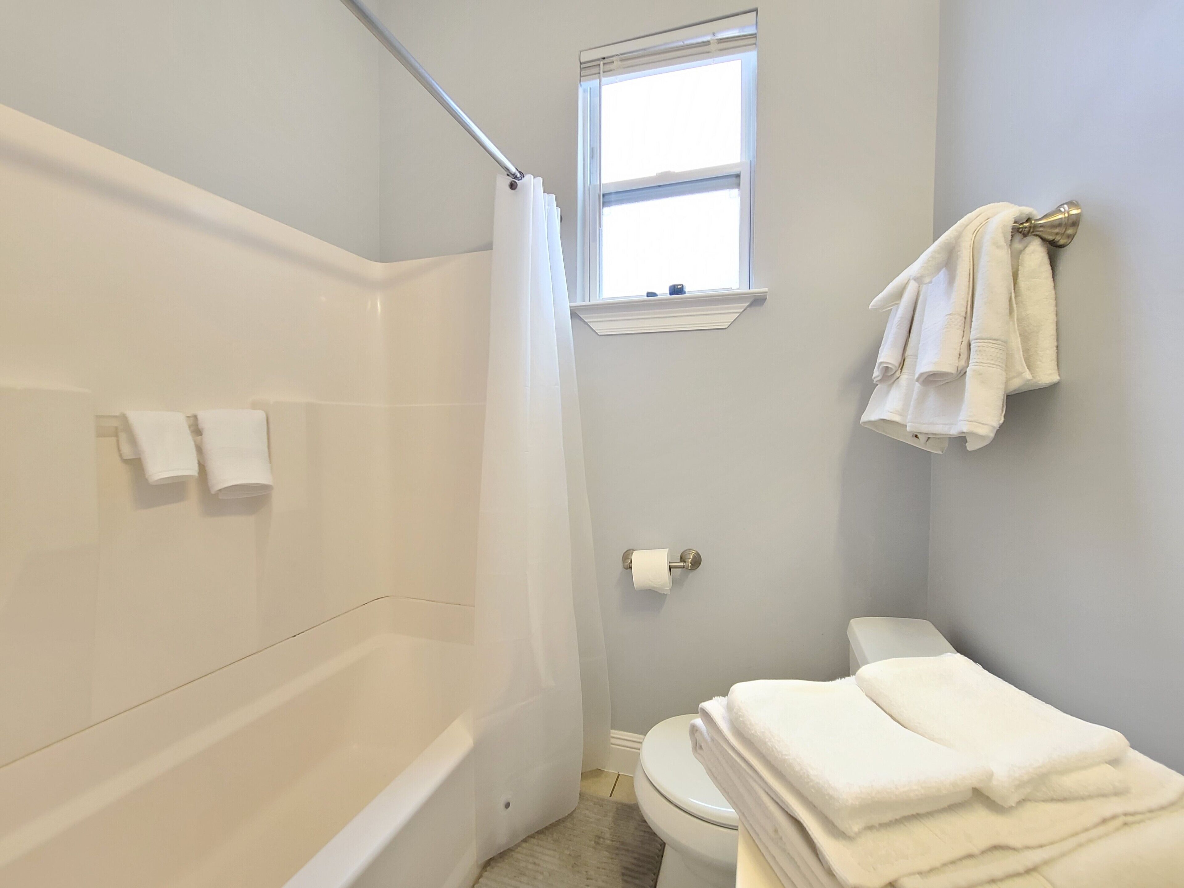 Hair dryer, towels, soap, shampoo
