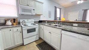 A modern kitchen with white cabinets, a stove, microwave, and a dishwasher.