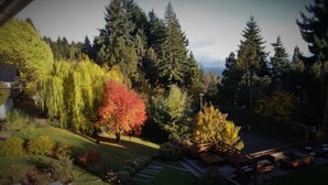 A residential area with a well-maintained lawn, a wooden deck, and a variety of trees, including some with autumn foliage. - Impeccable 2BR Condo w Spacious Balcony and Waterfront (San Carlos de Bariloche)