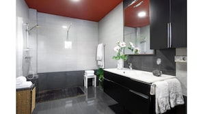 Hair dryer, towels, soap, shampoo